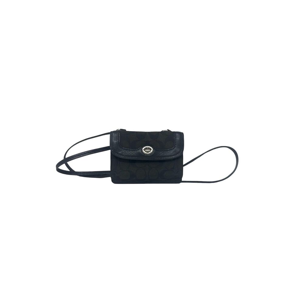 Coach Mini Legacy Wallet Black Brown signature C print canvas leather purse